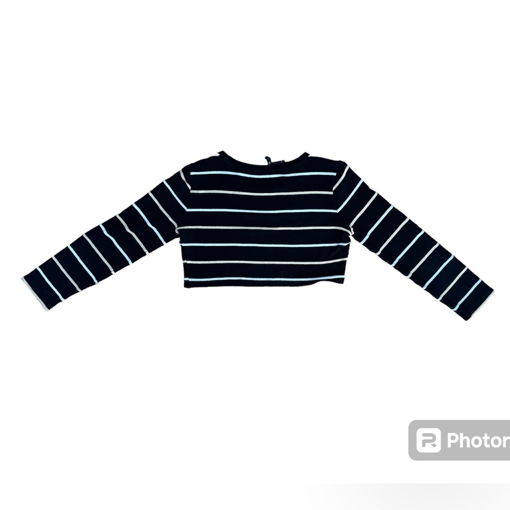 Forever 21 Women’s Black Long Sleeved Cropped Top with White and Beige Stripes - Picture 2 of 3